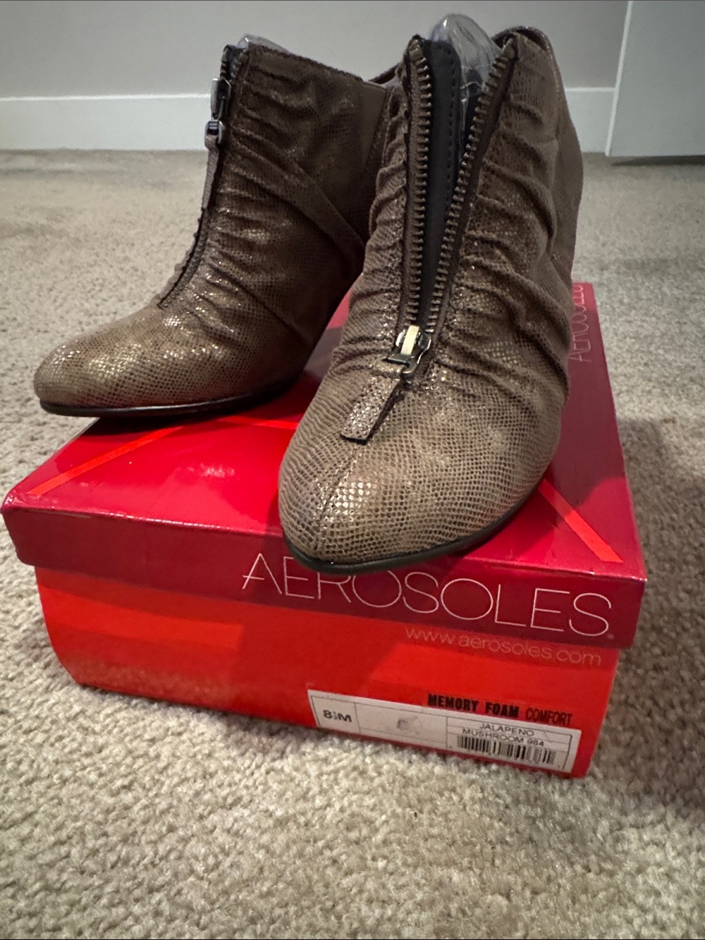 AEROSOLES Metallic Taupe Front-Zip Ankle Booties